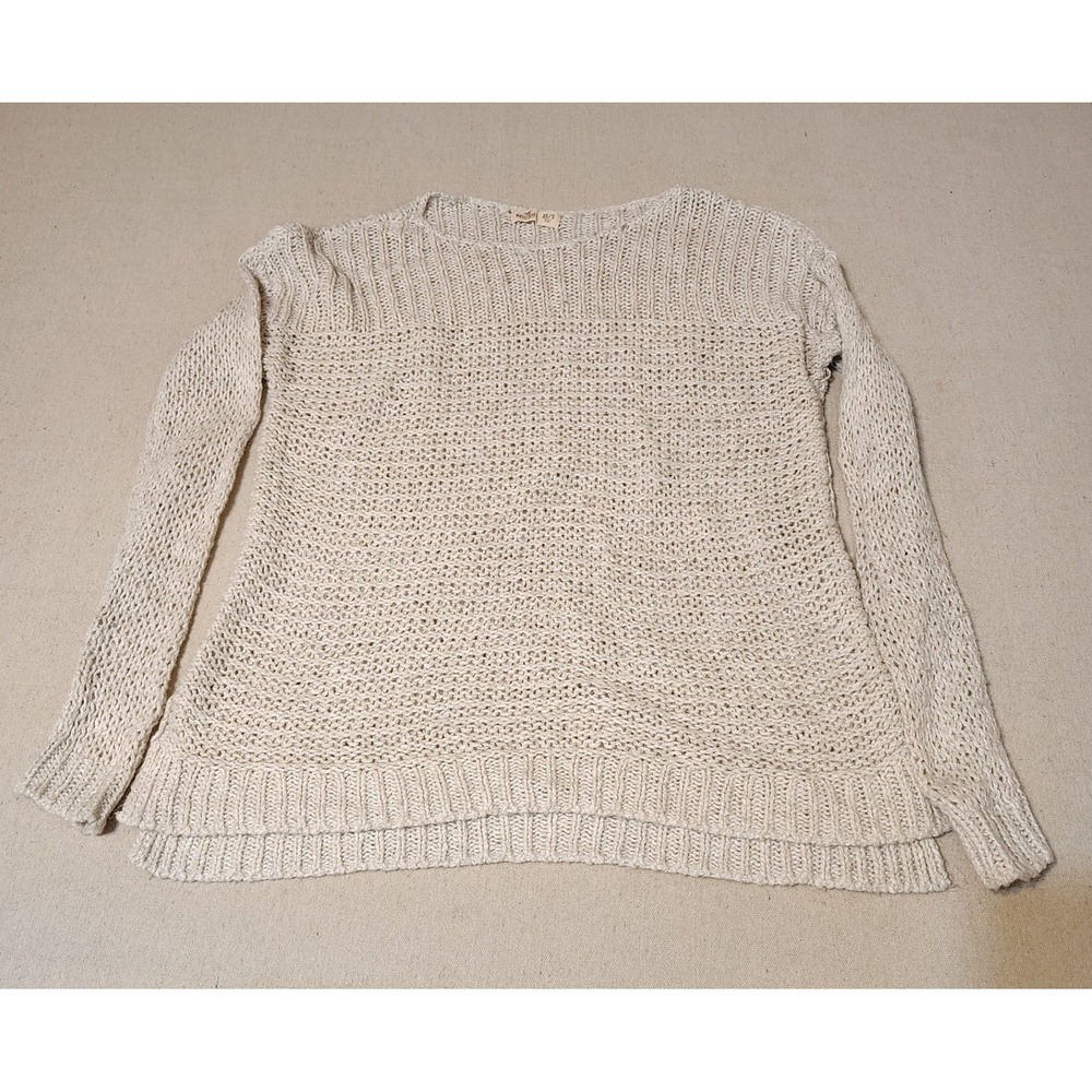 Hollister Knit Sweater Cream Sz XS S Lightweight Open Weave Boat Neck Casual F